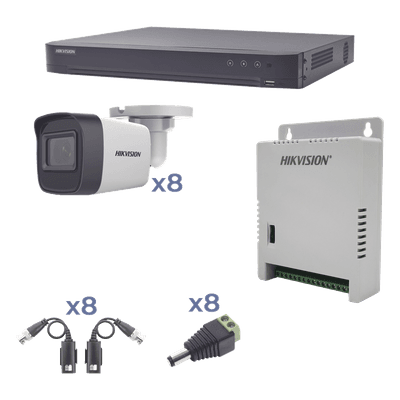 KIT TurboHD 1080p / DVR 8 Canales / 8 Cámaras Bala (exterior 2.8 mm) / Transceptores / Conectores / Fuente de Poder Profesional hasta 15 Vcc para Larga Distancia