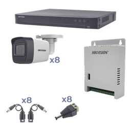 KIT TurboHD 1080p / DVR 8 Canales / 8 Cámaras Bala (exterior 2.8 mm) / Transceptores / Conectores / Fuente de Poder Profesional hasta 15 Vcc para Larga Distancia