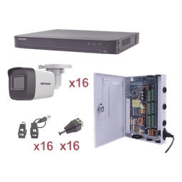 KIT TurboHD 1080p / DVR 16 Canales / 16 Cámaras Bala (exterior 2.8 mm) / Transceptores / Conectores / Fuente de Poder Profesional