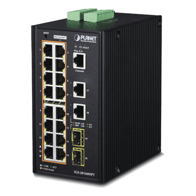 Switch Industrial Administrable 16 puertos 10/100/1000 T 802.3at PoE + 2 Puertos 10/100/1000 T + 2 puertos 100/1000 X SFP