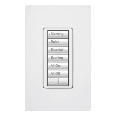 Teclado híbrido C•L de 6 botones con subir/bajar y atenuador integrado de 450 W (100 W en LED/CFL), requiere neutro, para sistema RadioRA 2, color blanco