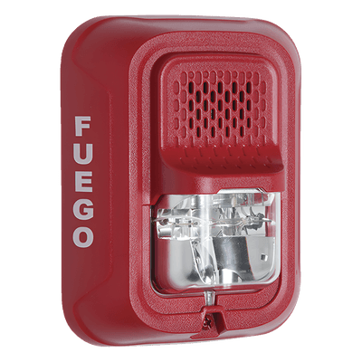 Sirena con lámpara estroboscópica de 2 hilos para pared, color rojo, leyenda FUEGO, candela seleccionable en campo