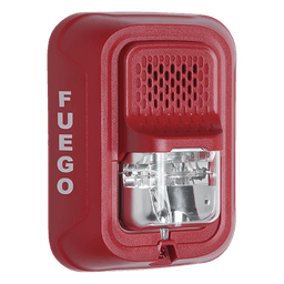 Sirena con lámpara estroboscópica de 2 hilos para pared, color rojo, leyenda FUEGO, candela seleccionable en campo