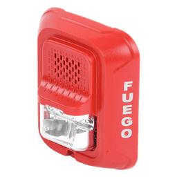 Sirena con lámpara estroboscópica de 2 hilos para pared, color rojo, leyenda FUEGO, candela seleccionable en campo