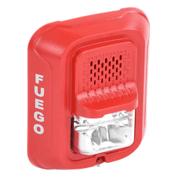 Sirena con lámpara estroboscópica de 2 hilos para pared, color rojo, leyenda FUEGO, candela seleccionable en campo