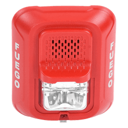 Sirena con lámpara estroboscópica de 2 hilos para pared, color rojo, leyenda FUEGO, candela seleccionable en campo