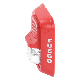Sirena con lámpara estroboscópica de 2 hilos para pared, color rojo, leyenda FUEGO, candela seleccionable en campo