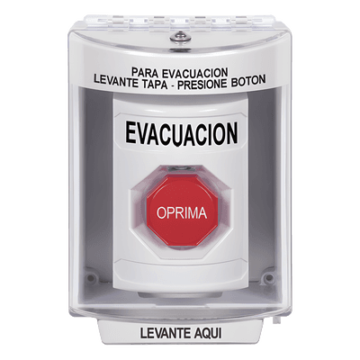 Botón de Evacuación, Cubierta de Policarbonato Súper Resistente de Superficie con Espaciador, Restablecimiento con Llave, Con Bocina de Advertencia