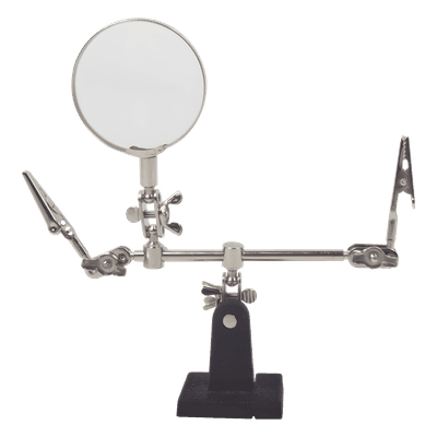 Soporte con lupa y dos brazos con clip. Ideal para trabajos de soldadura.