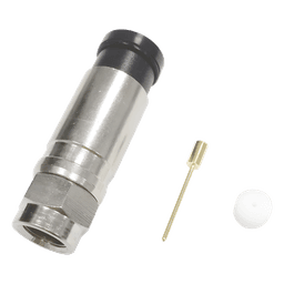 Conector F Macho de Compresión Axial con Borne Negro para instalar en Cable Coaxial RG-11, 75 Ohm, Bronce-Niquelado.