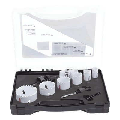 Kit de broca sierras (3/4 - 2 1/4 in) incluye 6 piezas de broca sierras, 2 adaptadores y resorte de expulsión.