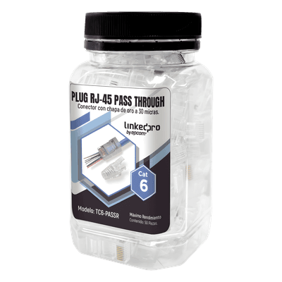 Bote con 50 Plugs Pass Through RJ45 Cat6 sin Blindaje, con Alivio de Tensión Incluido, Chapado de Oro a 30 Micras para Durabilidad Extrema