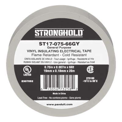 Cinta Eléctrica STRONGHOLD para Aislar, de PVC, Uso General Reparación y Mantenimiento, Grosor de 0.18mm (7 mil), Ancho de 19mm, y 20.12m de Largo, Color Gris