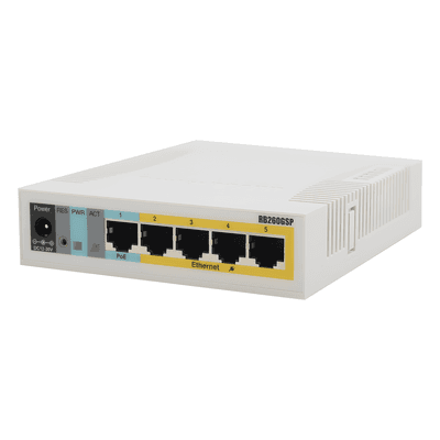 (RB260GSP) Switch Mikrotik 5 puertos PoE (Pasivo) (1in/4out) Gigabit Ethernet y 1 SFP