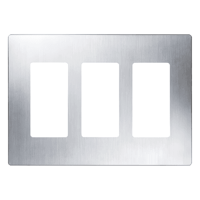 Placa de pared Claro de 3 espacios sin tornillos visibles, acabado en acero inoxidable, para atenuadores y controles Lutron Maestro, Diva, Skylark y control Pico