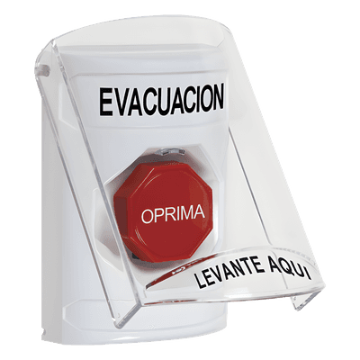 Botón de Evacuación, Texto en Español, Tapa Protectora de Policarbonato Súper Resistente, Restablecimiento con Llave