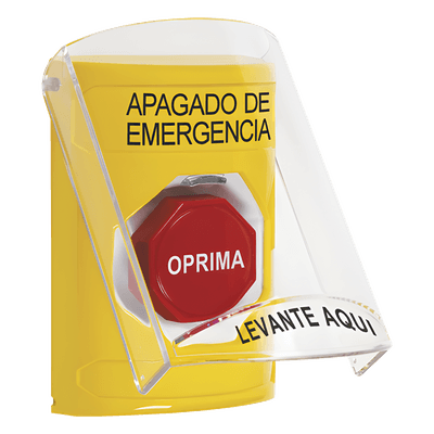 Botón de Apagado de Emergencia, Texto en Español, Tapa Protectora de Policarbonato Súper Resistente, Restablecimiento con Llave