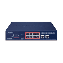 Switch de Escritorio de 8 Puertos 10/100TX 802.3at PoE+ / 2 Puertos 10/100TX / 120W PoE Budget / Modos Standard, VLAN y Extendido / Distancia Extendida Hasta 250m 