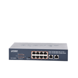 Switch de Escritorio No Administrable / 8 Puertos 10/100/1000T PoE+ 802.3at / 2 Puertos Uplink 10/100/1000T / Presupuesto PoE 120 Watts / Modos Estándar, VLAN y Extend / Distancia Extendida 250 mts / Rackeable