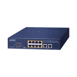Switch de Escritorio No Administrable / 8 Puertos 10/100/1000T PoE+ 802.3at / 2 Puertos Uplink 10/100/1000T / Presupuesto PoE 120 Watts / Modos Estándar, VLAN y Extend / Distancia Extendida 250 mts / Rackeable
