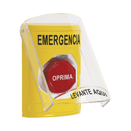 ​Botón Multipropósito, Color Amarillo, De Superficie, Con Tapa De Policarbonato, Con Bocina Pre Alarma, Solo Interior, Llave Para Restablecer, Texto De Emergencia, Español