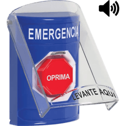 ​Botón Multipropósito, Color Azul, De Superficie, Con Tapa De Policarbonato, Con Bocina Pre Alarma, Solo Interior, Llave Para Restablecer, Texto De Emergencia, Español