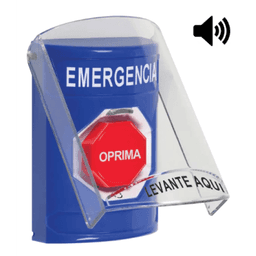 Botón Multipropósito, Color Azul, De Superficie, Con Tapa De Policarbonato, Con Bocina, Para Interior, Girar Para Restablecer, Texto De Emergencia, Español